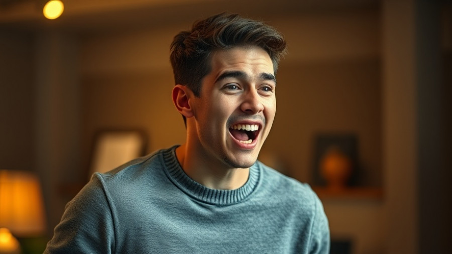 Young man discussing AI creativity in an animated manner.