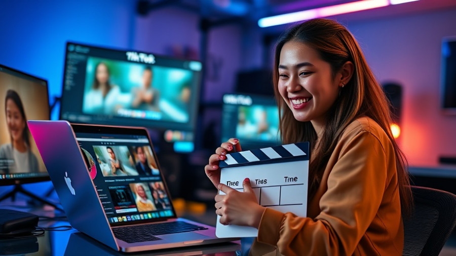 A young woman using TikTok Studio, showcasing video editing tools on a laptop.