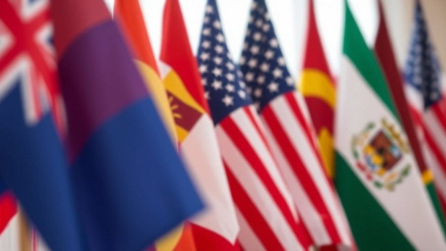 National flags symbolizing AI technology trends collaboration.