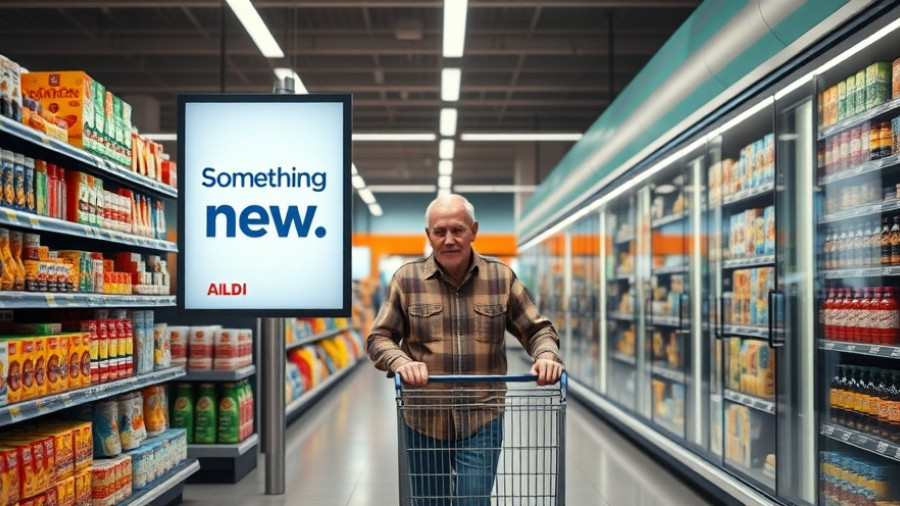 Aldi supermarket aisle with promotional sign and shopper.