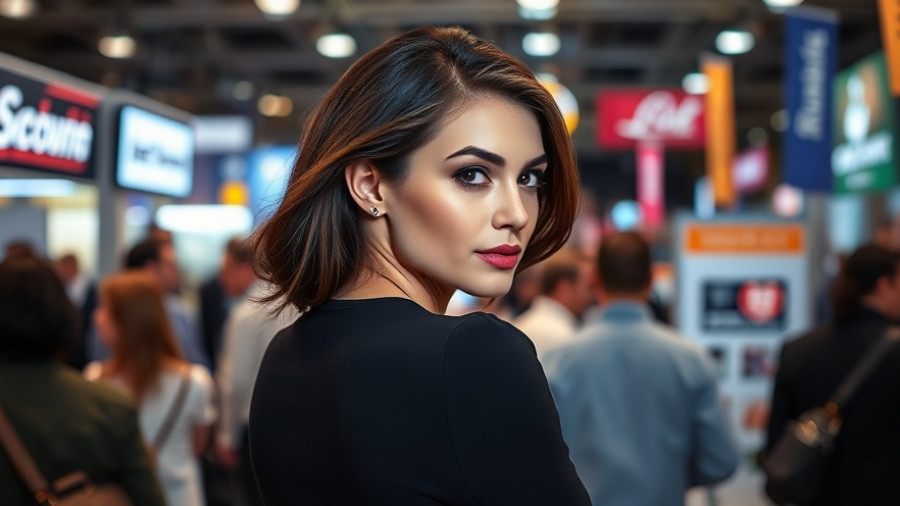 Elegant woman at event, confident gaze, branded background.