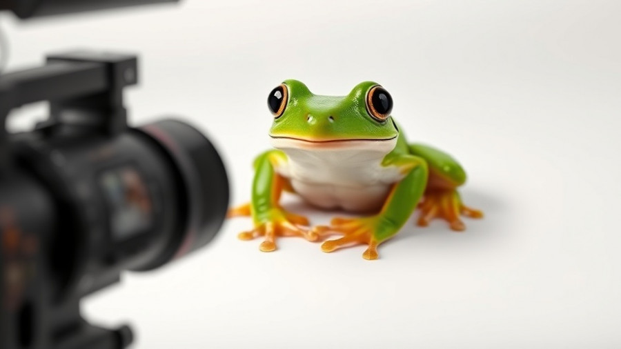 Vibrant green frog filmed in studio, video stitching focus.