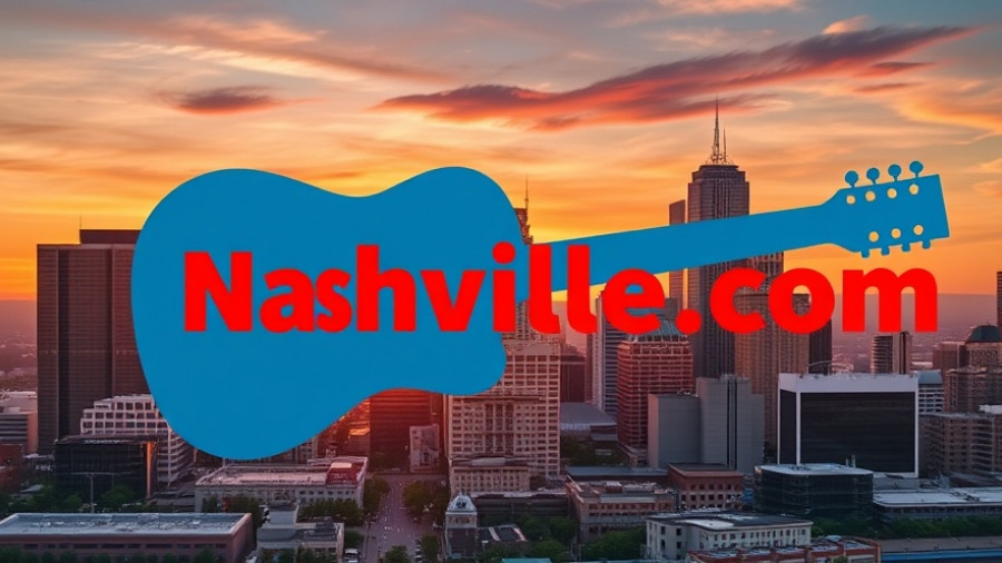 Nashville skyline with guitar and text, vibrant colors.