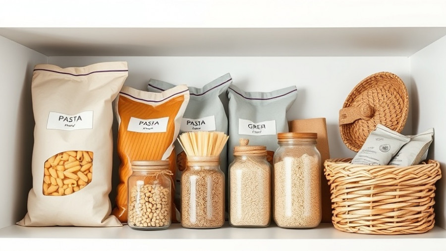Organized pantry shelf with pasta and grains in clear bags.