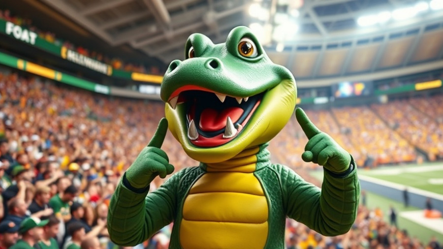 Cheerful alligator mascot at Florida Georgia football rivalry game.