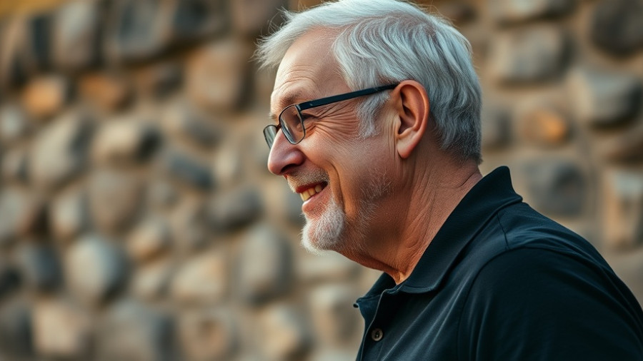 Apple AI Mergers and Acquisitions concept with mature man smiling outdoors.