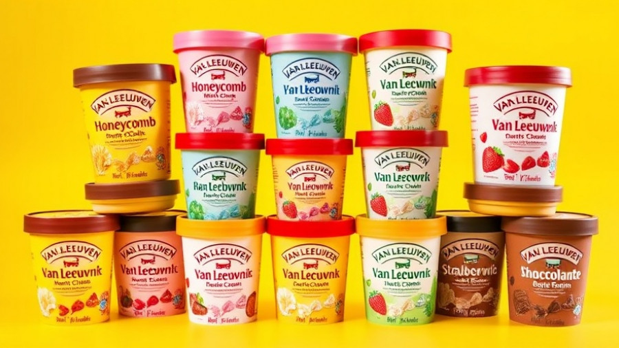 Van Leeuwen Ice Cream flavors stacked in bright yellow setting.