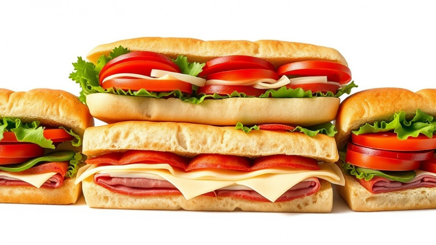 Assorted Italian subs stacked beautifully on white background.