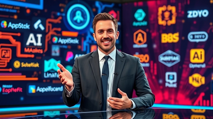 AI creativity news presenter with vibrant background logos, modern design.