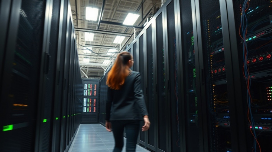 AI technology energy demand illustrated by a blurred figure next to data servers.