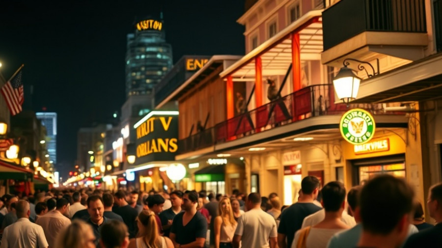 Busy Bourbon Street nighttime scene captures New Orleans business news.