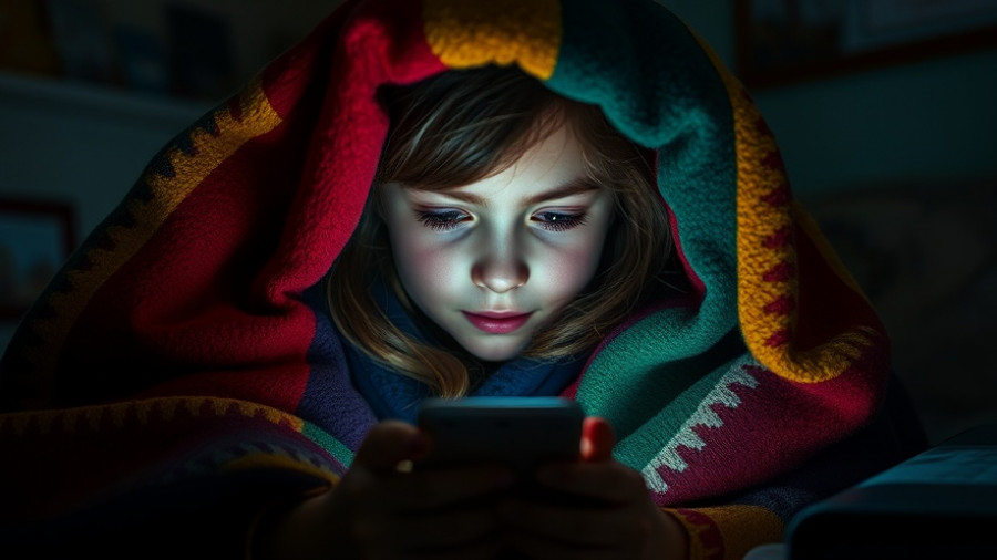 Young girl using smartphone under blanket depicting excessive screen time health risks.