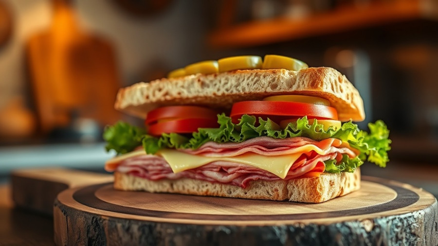 Tasty sandwich on wooden board for National Sandwich Day deals in Charlotte.