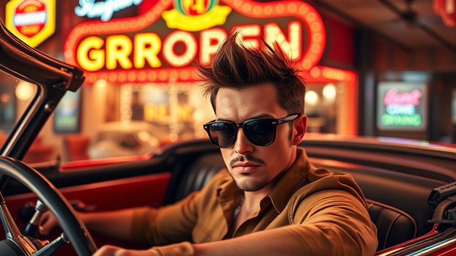 Man in car at grand opening event, Chicago BBQ setting.