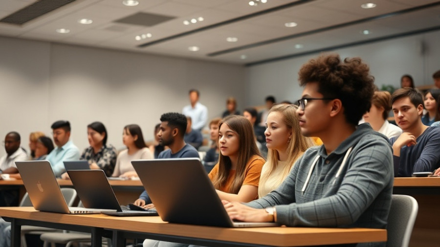 AI in education: students in lecture hall using laptops.