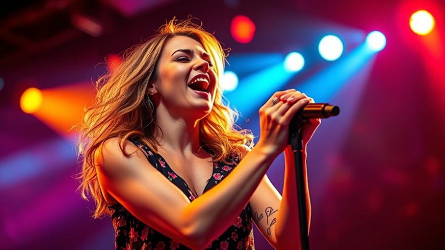 AI in music: Dynamic singer performing on vibrant stage.