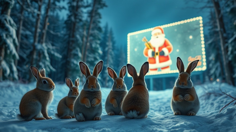 Snowy forest with rabbits watching Coca-Cola Santa billboard, highlighting ad controversy.
