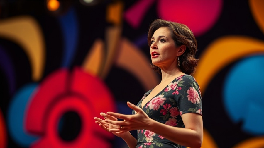 Elegant woman speaking on stage in a floral dress, vibrant background.