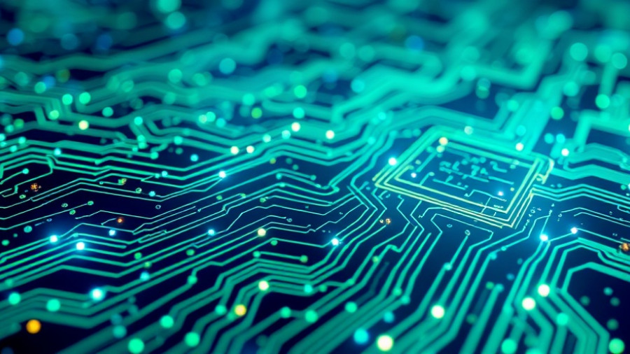 Futuristic AI chip stock investment concept with digital elements.