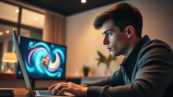 AI video production scene with a man and animated display.