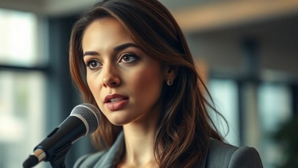 Professional woman speaking in NYC with focused expression.