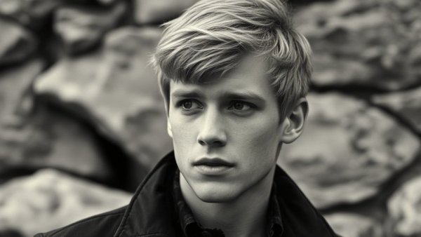 Vintage light-haired young man portrait, 1960s style.