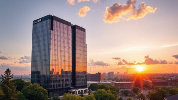 Modern office building in Charlotte reflecting sunset, showcasing office space demand.