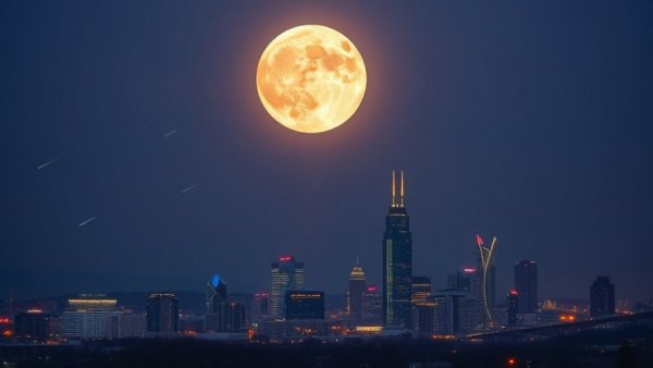 Beaver Supermoon over Charlotte skyline with meteor streaks.