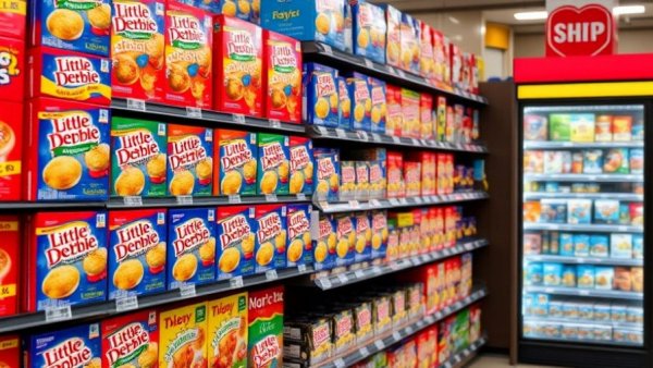 Colorful Little Debbie snack boxes on a grocery store shelf.