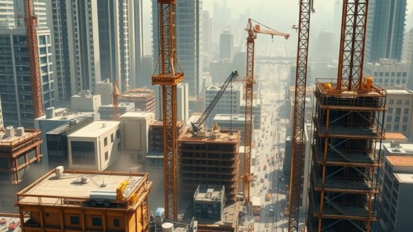 Kendall Parkway construction site with cranes and workers.