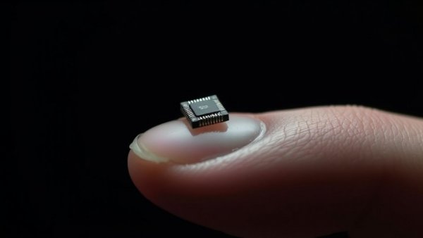 Close-up of microchip on fingertip, showcasing artificial neurons future technology.