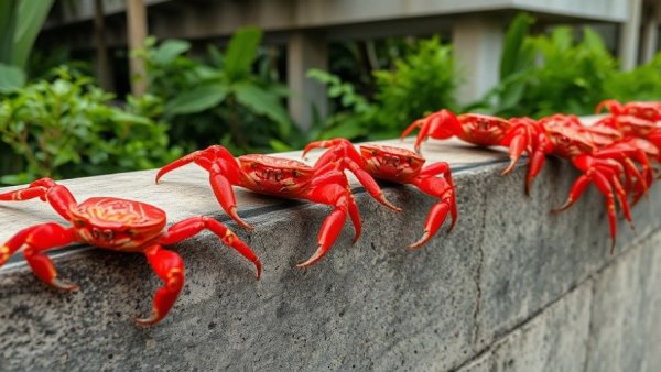 Red crabs migrating over a concrete wall in nature.
