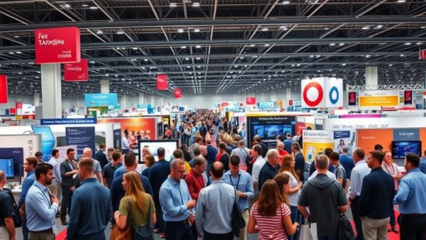 Trade show showcasing data sharing in senior care, attendees networking.