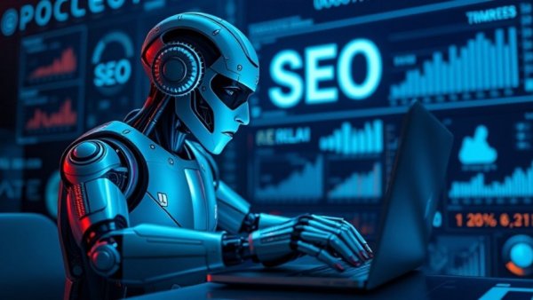 Futuristic AI robot working on SEO in a digital setting with holograms.