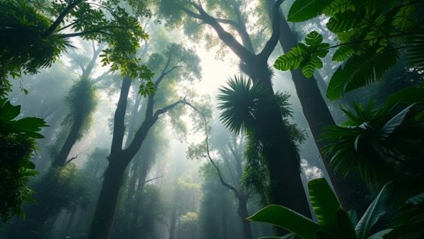 Amazon rainforest with sunlight filtering through leaves