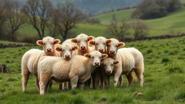 Highland cows in winter meadow at Whitewater Center, photorealistic.