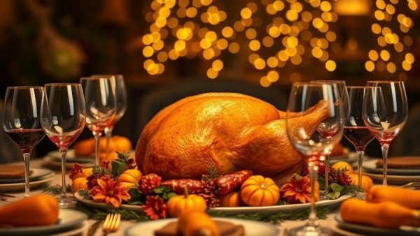 Elegant Thanksgiving dining setup in New Orleans with turkey centerpiece, 2025.