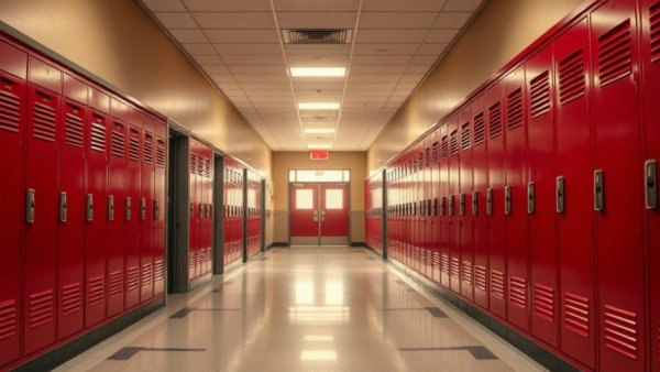 Nostalgic school hallway with red lockers and warm lighting.