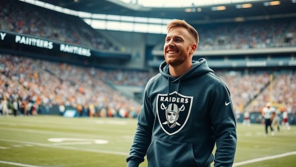 Raiders player in hoodie during safety debut against Broncos.