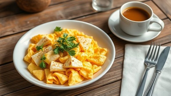 Cheesiest scrambled eggs with queso on a white plate with arugula.