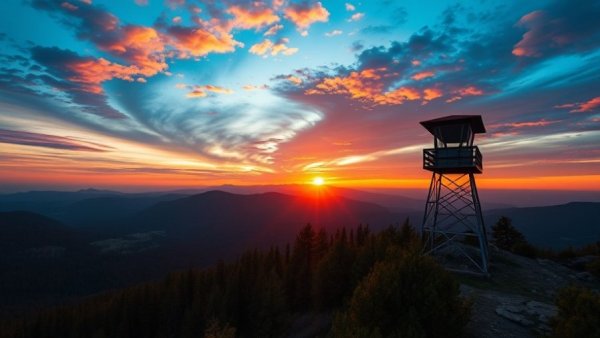 Scenic sunset view over mountains with a lookout tower in Franklin & Nantahala.