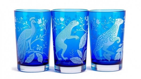 Elegant ARTĚL Glass tumblers with intricate animal etchings.