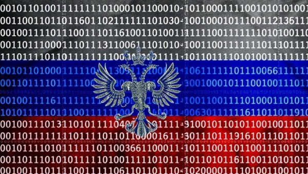 Binary code over Russian flag symbolizing AI in cybersecurity.