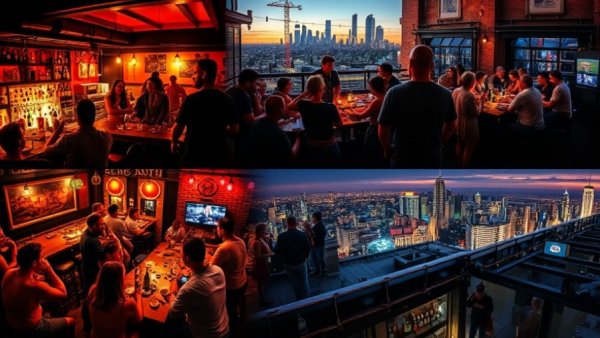 Best Bars Houston collage showcasing lively nightlife and rooftop views.