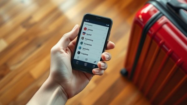 AI translation device for travelers held over suitcase, close-up shot.