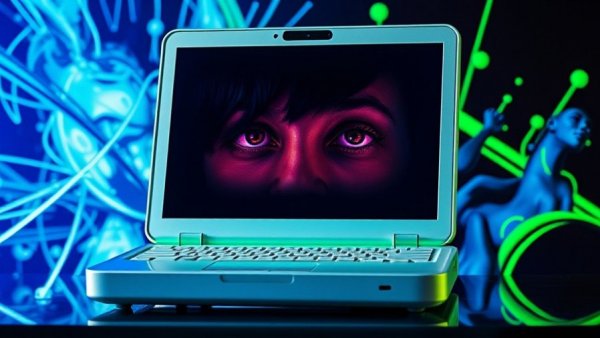 Vivid iBook laptop with colorful abstract background featuring faces.