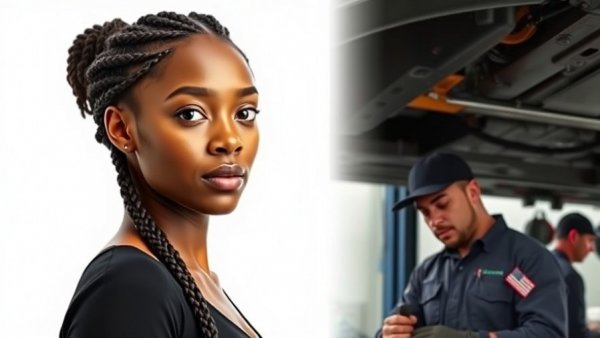 Diverse Miami cultural events scene, serene woman and focused mechanic.