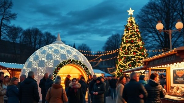 Mistletoe Market Charlotte NC festive evening with lights and crowd.
