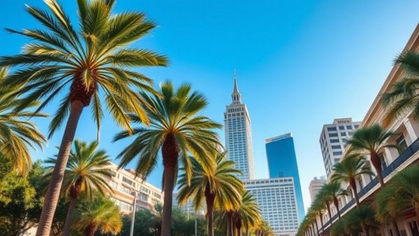 Palm trees and modern buildings in New Orleans business district.