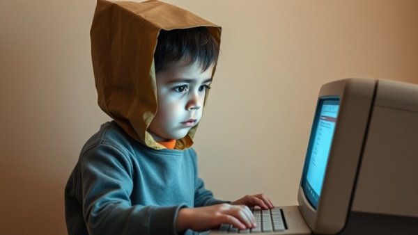 Child with paper bag and sad face using old computer, AI online security concept.